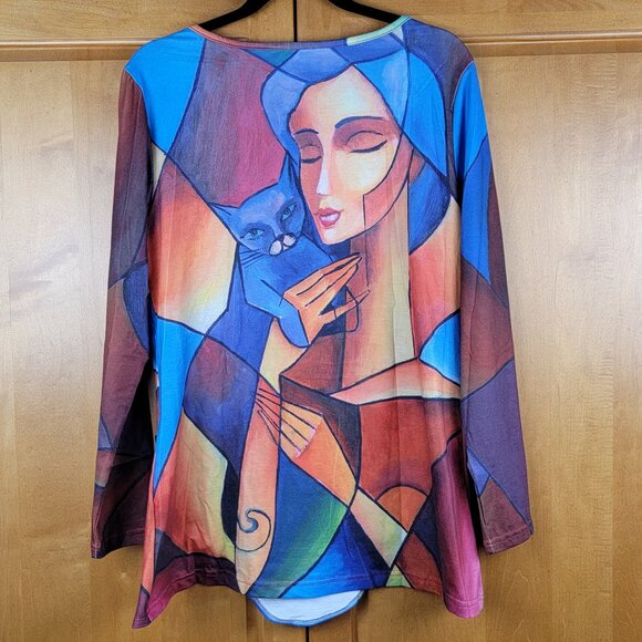 Casual Tunic Top with Abstract Cat Print Long Sleeves Zipper Closure - S - Picture 3 of 8